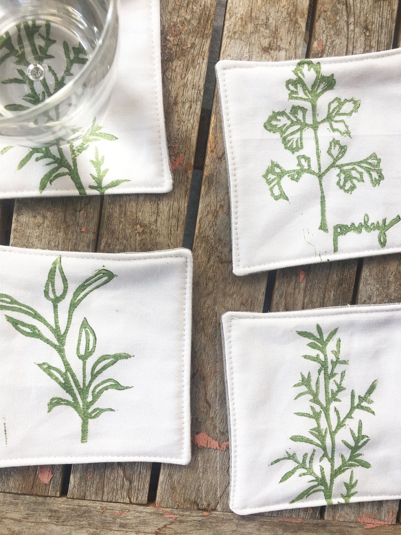 green coasters Housewarming Herb Coasters cloth coaster set Gift for her hostess gift Mother/'s day gift Set of 4 Coasters