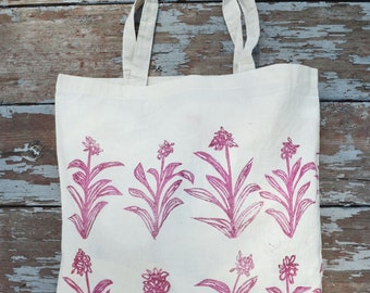 Tote bag, farmers market, flowered tote, reusable grocery bag, mothers day gift, gift for her, block print bag