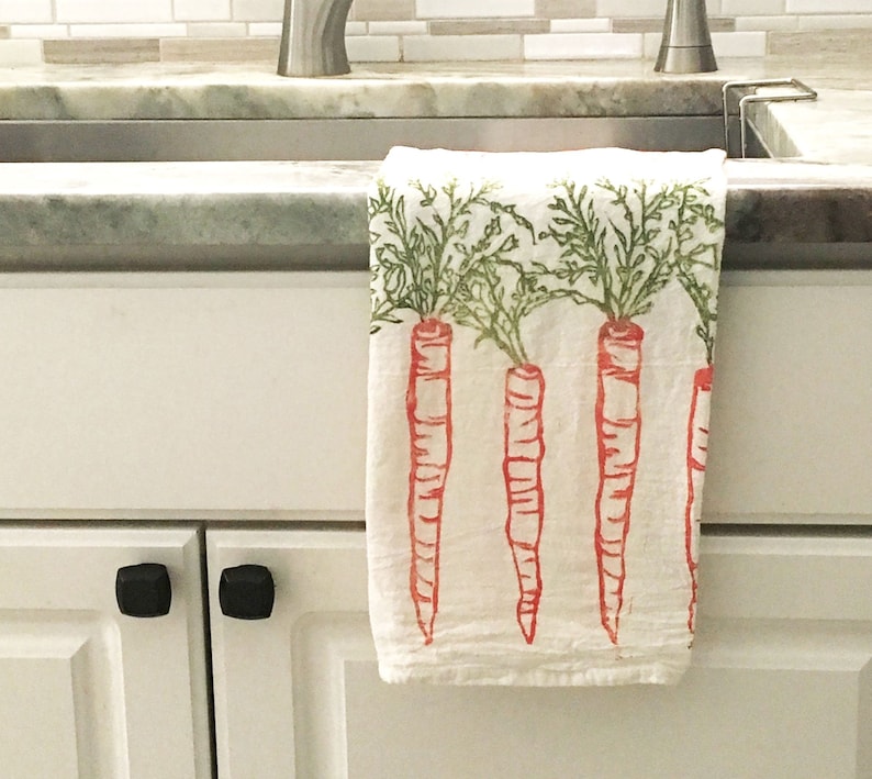 Flour sack, Carrot Towel, hand printed dish towel, mother's day, hand printed flour sack towel, hostess gift, gift for her, gift for mom image 1