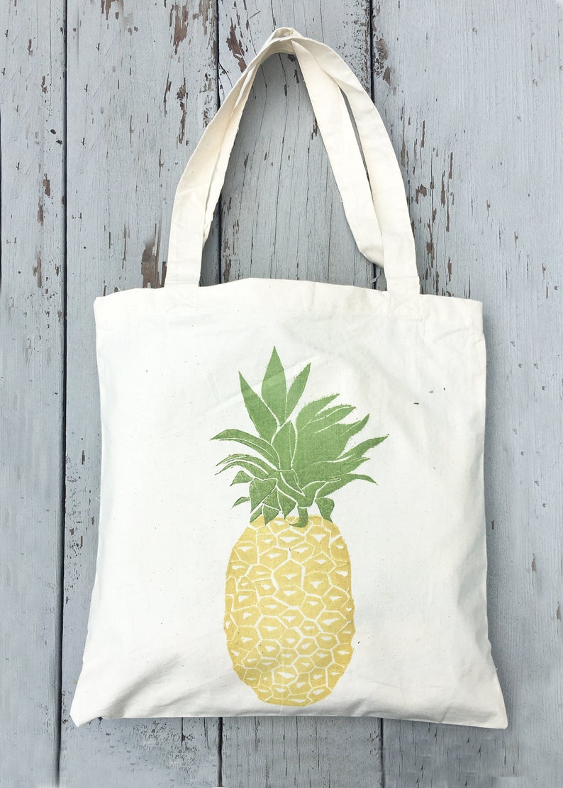 Tote bag, farmers market, Pineapple, Pineapple tote, reusable grocery bag, mothers day gift, gift for her, block print bag image 1