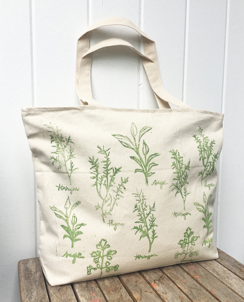 Large zipper tote, overnight bag, Tote bag, farmers market, herbs, reusable grocery bag, mothers day gift, gift for her, block print bag image 2