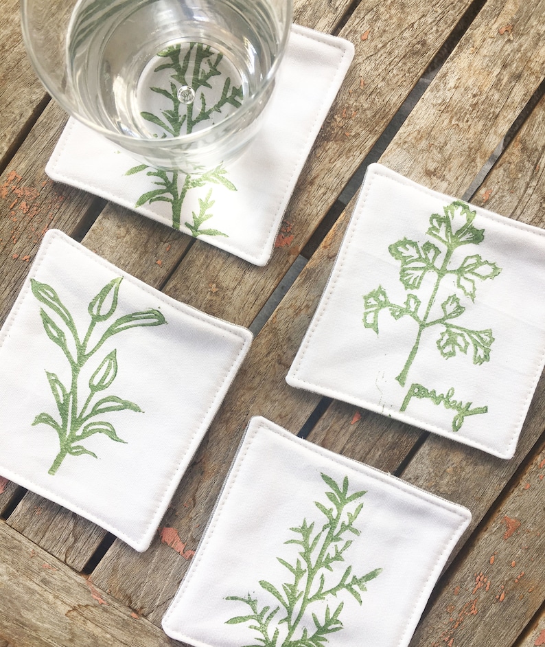 green coasters Housewarming Herb Coasters cloth coaster set Gift for her hostess gift Mother/'s day gift Set of 4 Coasters