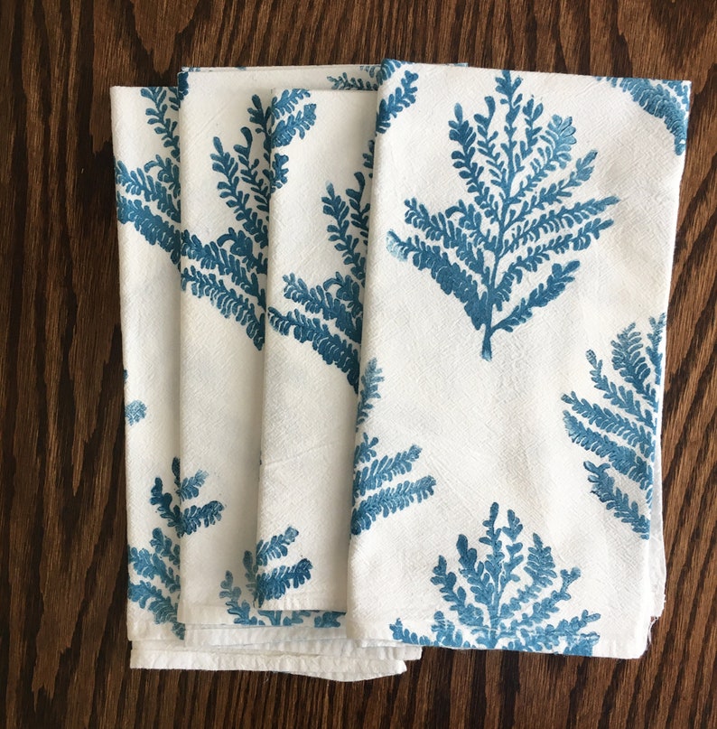 Frond Napkin Set, Cotton Napkins, Botanical Napkins, Block printed napkins, gift for mom, Cloth Napkins, Cotton Flour Sack Napkins, Set of 4 Midnight Blue