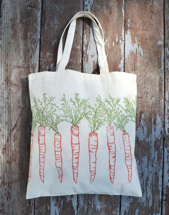 Carrot Block Print Tote Bag: Farmers Market Reusable Grocery Bag