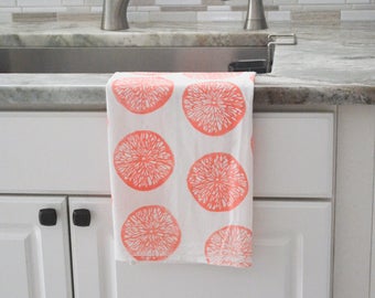 Citrus Towel, hand printed, flour sack towel, pink dish towel, block print towel, hostess gift, gift for her, gift for mom