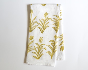 Hand Printed Flour Sack Tea Towel: Iris Botanical Print