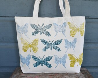Large Zipper Tote Bag: Block Print, Butterfly, Moth, Reusable Grocery Bag