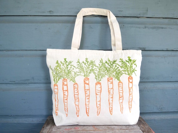 Large Zipper Tote Bag: Block Print Carrots, Reusable Grocery Bag
