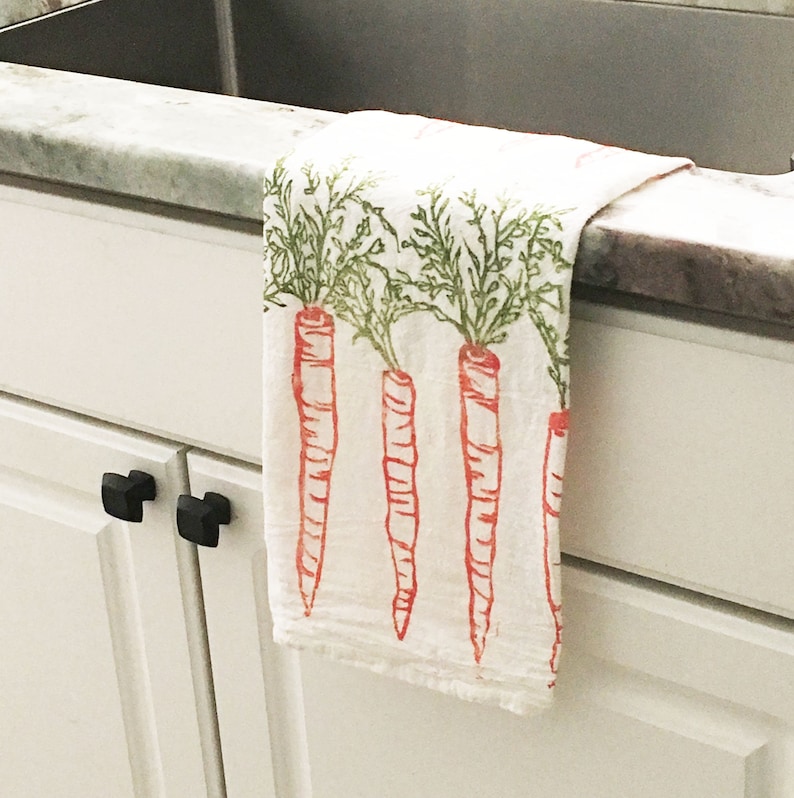 Flour sack, Carrot Towel, hand printed dish towel, mother's day, hand printed flour sack towel, hostess gift, gift for her, gift for mom image 2