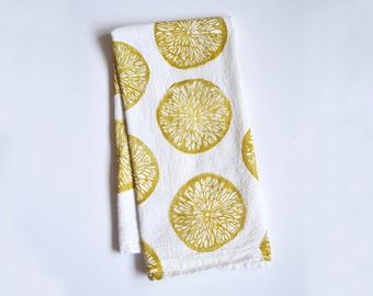Hand Printed Citrus Flour Sack Towel: Pink Block Print Dish Towel