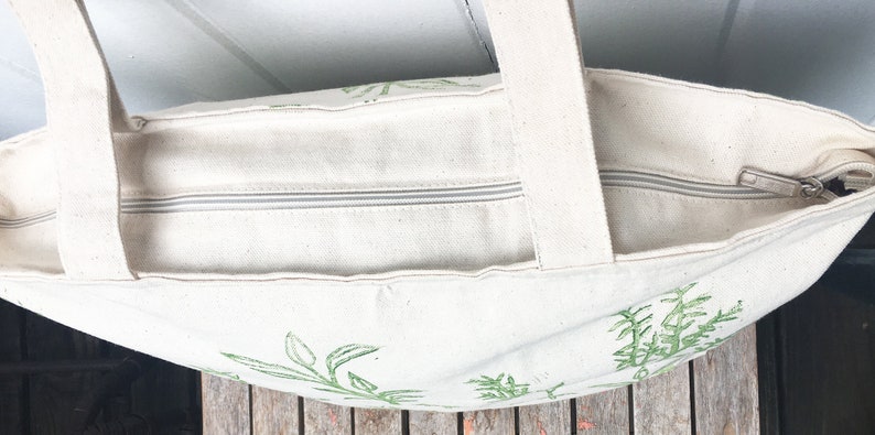 Large zipper tote, overnight bag, Tote bag, farmers market, herbs, reusable grocery bag, mothers day gift, gift for her, block print bag image 5