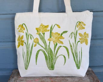 Large Zipper Tote Bag: Daffodil Block Print, Reusable Grocery Bag