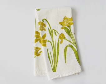 Hand Printed Daffodil Flour Sack Towel: Botanical Block Print
