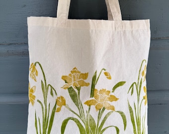 Daffodil Block Print Tote Bag: Reusable Cotton Canvas