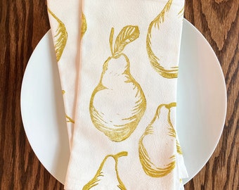 Pear Napkins - Cloth Napkins - Block Printed- Cotton Napkins - Gift for Mom- Gift for Her- Eco Friendly - Reusable Napkins- Farmtable