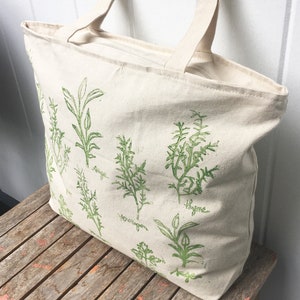 Large zipper tote, overnight bag, Tote bag, farmers market, herbs, reusable grocery bag, mothers day gift, gift for her, block print bag image 4