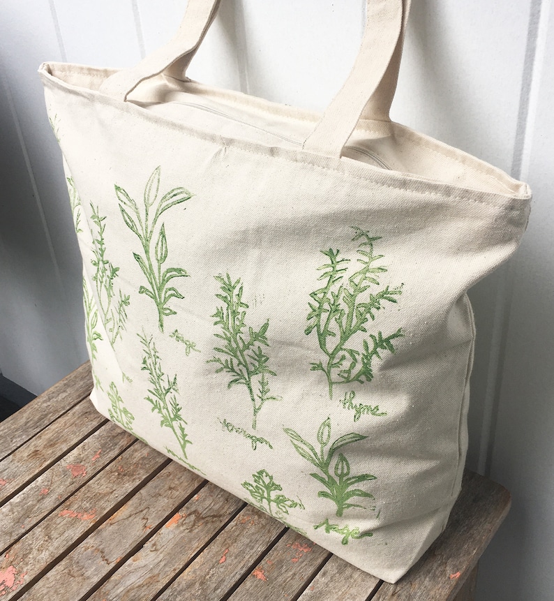 Large zipper tote, overnight bag, Tote bag, farmers market, herbs, reusable grocery bag, mothers day gift, gift for her, block print bag image 4