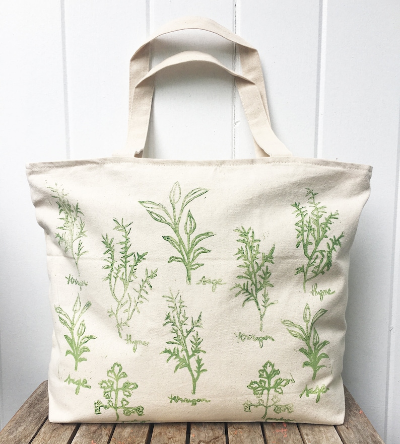 Large zipper tote, overnight bag, Tote bag, farmers market, herbs, reusable grocery bag, mothers day gift, gift for her, block print bag image 1