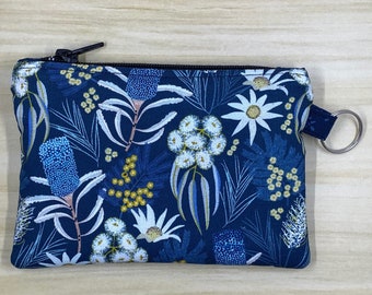 coin purse - mini purse - small zipper pouch - blue floral fabric - purse organiser - medicine pouch