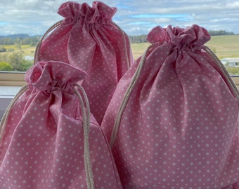 fabric gift bags - drawstring bag - reusable gift wrap - storage - eco friendly - various sizes - pink polka dot