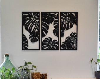 Wooden frames Monstera decoration, Monstera leaves wall decor, 3 Piece wall panels, Plant wall art, Jungle decoration, Jungle wall panel