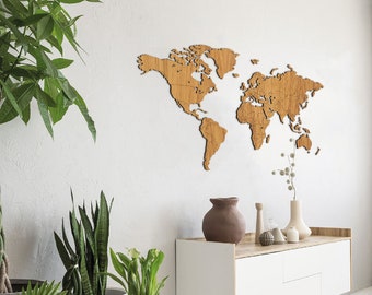 Wooden World Map - Oak / Walnut / Bamboo - World map | Canvas | Push pin | Wood | Large travel map | Wall decor | Wall art | travel | Home