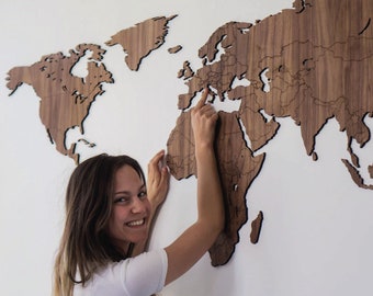 Carte du monde en bois - Chêne / Noyer - carte du monde - décoration -  carte de voyage - grande carte de monde