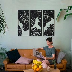 Decoração de parede de folhas Monstera, painéis de parede de 3 peças, decoração Monstera, arte de parede de plantas, molduras de madeira, decoração de selva, painel de parede de selva