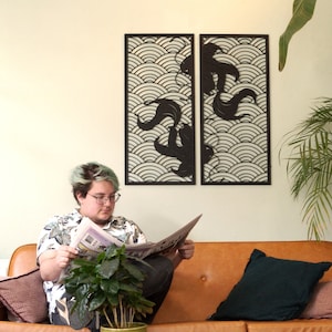 Wooden Wall Art: Japanese Style Design - Koi Fish & Waves - Wooden Wall Decor Art - Wall Hanging - Unique Wall Art - Wall Decoration