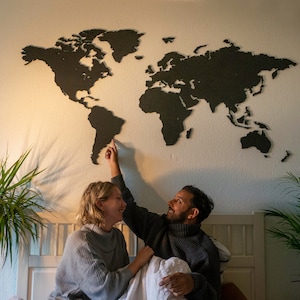 Mapa del mundo de madera - Negro,  Black World Map Wood, decoración de pared 3D, decoración de pared negra, pared de la sala de estar