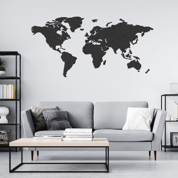 Black World map - World map wall art | Wood world map | Large world map | Canvas | Push pin| Wall décor |Wall art |World travel map | Poster