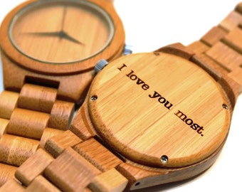 Reloj de pulsera madera, Bambú - grabado texto personal - Regalo para él / ella, Aniversario, regalo de boda, padrinos boda / la dama honor