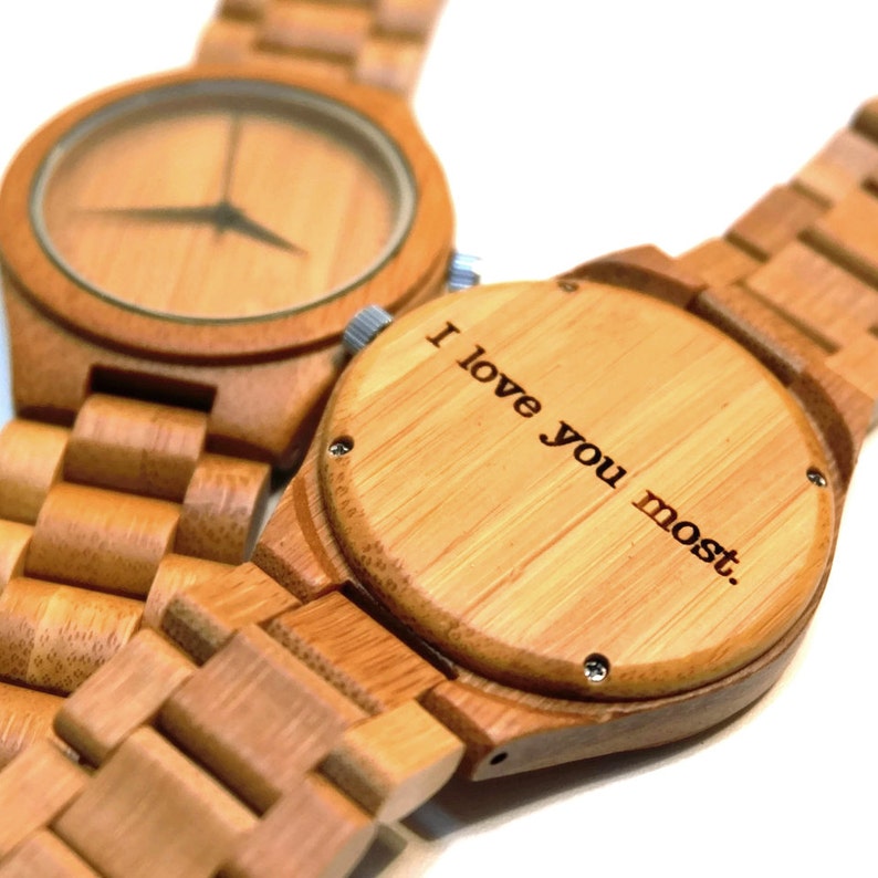 Bamboo wooden Watch / Wristwatch engraved with personal text Gift for Him/Her, Anniversary, Wedding gift, Groomsmen / bridesmaid image 1