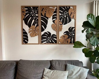 Monstera decoration, Monstera leaves wall decor, 3 Piece wall panels, Plant wall art, Wooden frames, Jungle decoration, Jungle wall panel