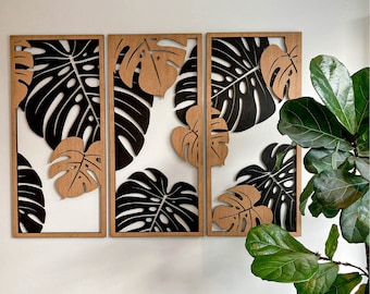 Jungle wall panel, Monstera leaves wall decor, 3 Piece wall panels, Monstera decoration, Plant wall art, Wooden frames, Jungle decoration