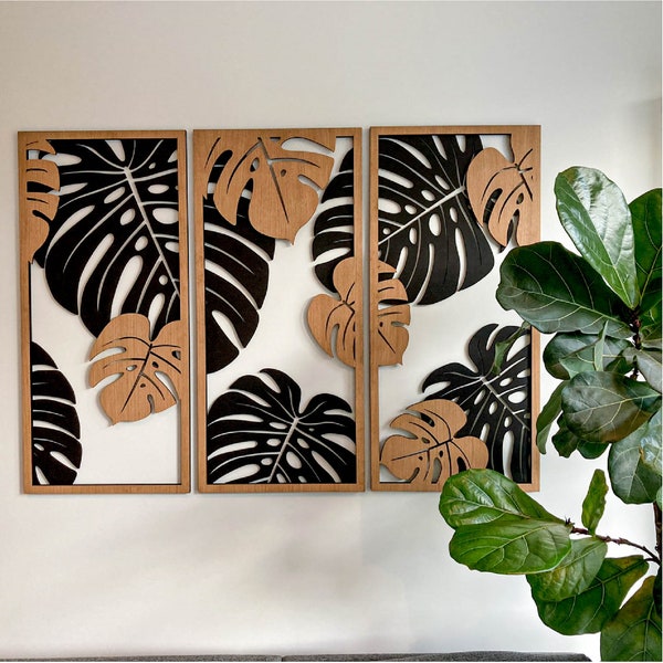 Dschungel-Wandpaneel, Monstera-Blätter-Wanddekoration, 3-teilige Wandpaneele, Monstera Dekoration, Pflanzenwandkunst, Holzrahmen, Dekoration