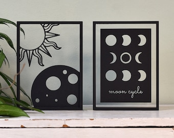 Floating Frame - Wooden Frame - wall art, decoration frame, sun and moon, Moon cycle, minimalistic wall art, decorative art, wall art frame