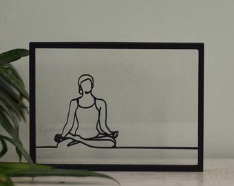 Floating Frame - Wooden Frame - wall art, decoration frame, line drawing, yoga, peace, lotus, bloom, flower, zen, meditation