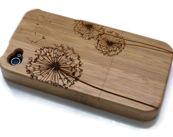 wooden Iphone 4 case / iphone 4S case - wood iphone 4 case bamboo, cherry and walnut wood - Dandelion - laser engraved