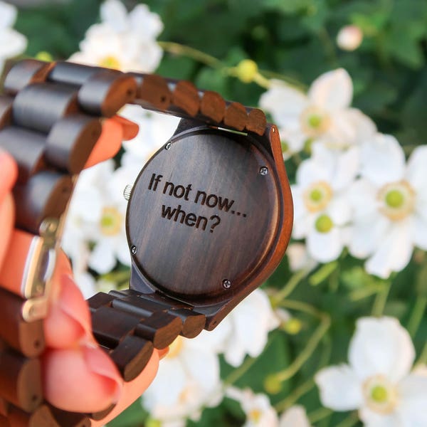 Wooden Watch / black sandal wood Wristwatch - engraved with personal text - Gift for Him/Her, Anniversary, Wedding gift, birthday gift