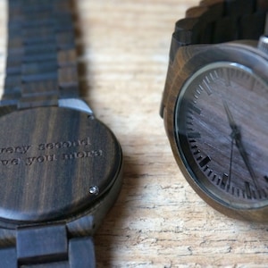 Personalized  wooden watch - black sandal - engraved with personal text - Gift for Him/Her, Anniversary, Wedding gift, birthday gift