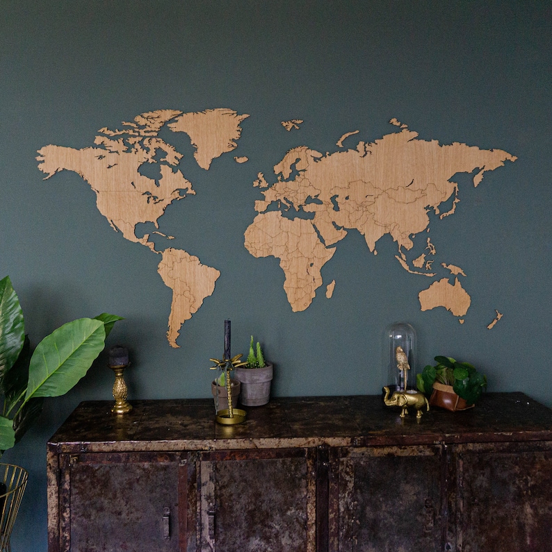 Wooden World Map Oak / Walnut / Bamboo World map Canvas Push pin Wood Large travel map Wall decor Wall art travel Home image 2