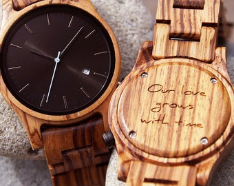 Holz Uhr / Armbanduhr - graviert mit Wunschtext - Geschenk für ihn / sie, Jahrestag, Hochzeitsgeschenk, Groomsmen / Brautjungfer