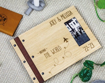 Handcrafted travel photo album from Leather & Wood - Personalize with Name, Quote, or Illustration