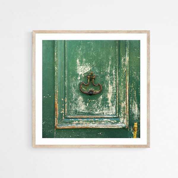 Green Wall Decor, 12x12 Canvas Print, Door with Knocker, Paris Gallery Wall, Square Photography Print, Weathered Door Print,