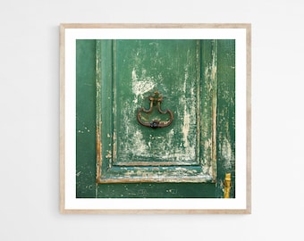 Green Wall Decor, 12x12 Canvas Print, Door with Knocker, Paris Gallery Wall, Square Photography Print, Weathered Door Print,