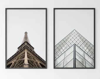 Minimalist Art Pair, Modern Photography Prints Eiffel Tower and Louvre Pyramid, Brown and Gray Bedroom Decor, Neutral Paris Gallery Wall Art