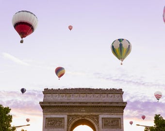 Paris Balloon Print - Arc de Triomphe Photo Print - Whimsical Photography Print - Hot Air Balloon Print - Purple Wall Art