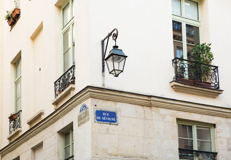 Neutral Paris Photography Print Paris Street Photo Hanging Street Light and Windows Paris Wall Art image 1