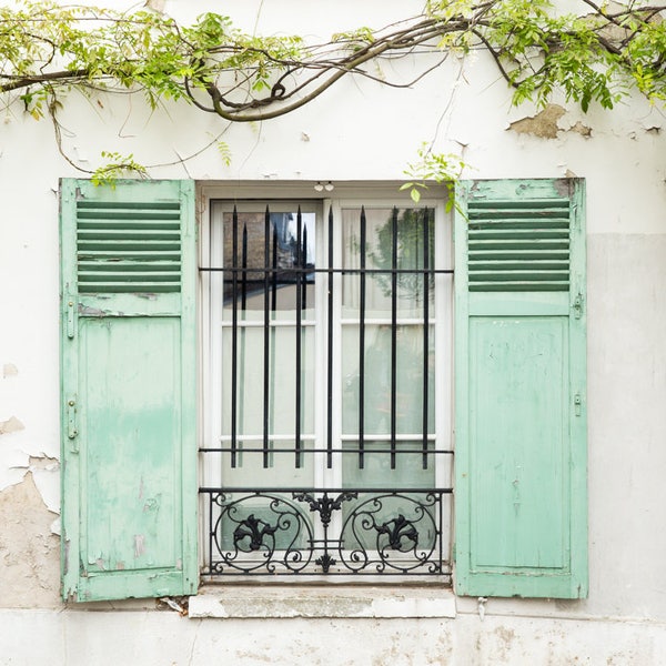 Paris Photography Print - Window with Mint Shutters - Paris Window Wall Art - Photography Print